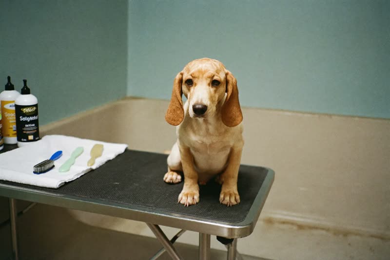 A grooming table and bath in a small, tidy pet grooming room